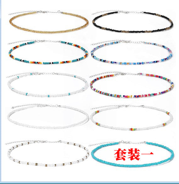 Bohemian Short Choker Necklace with Adjustable Fish Line Chain and Geometric Seed Beads