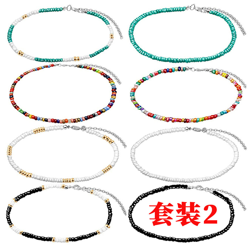 Bohemian Short Choker Necklace with Adjustable Fish Line Chain and Geometric Seed Beads