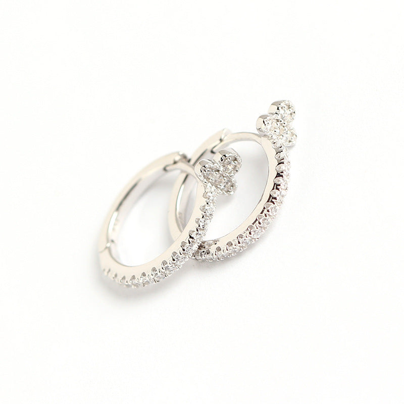 Minimalist 925 Sterling Silver Leaf Round Geometric Inlaid Cubic Zirconia Hoop Earrings