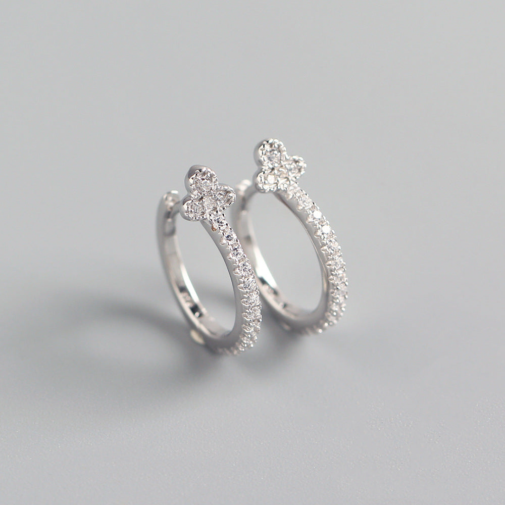 Minimalist 925 Sterling Silver Leaf Round Geometric Inlaid Cubic Zirconia Hoop Earrings