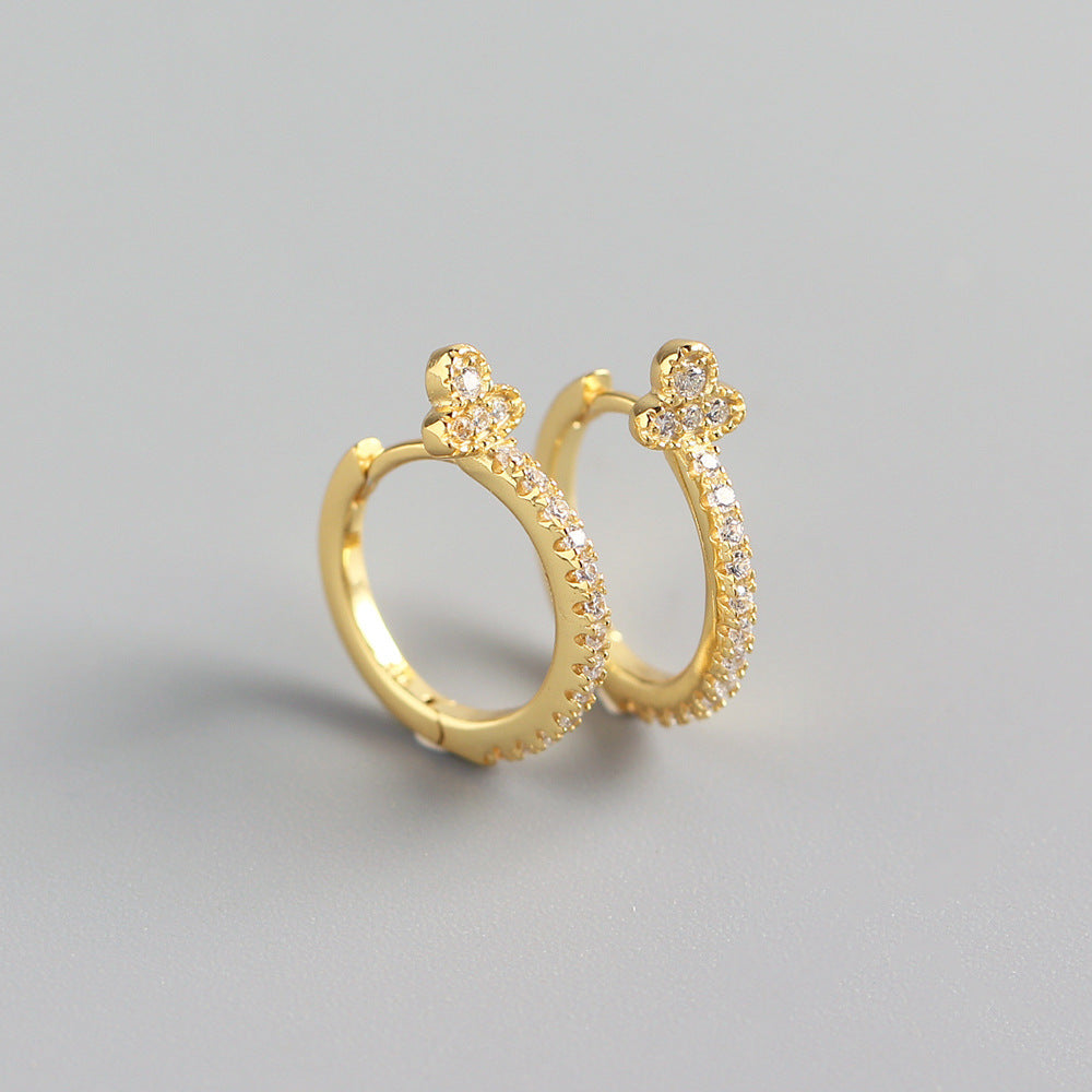 Minimalist 925 Sterling Silver Leaf Round Geometric Inlaid Cubic Zirconia Hoop Earrings