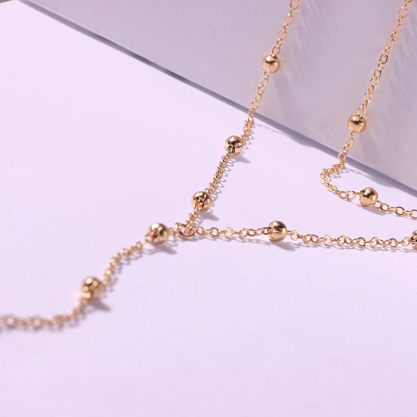 Geometric Round Bead Chain Necklace for Women, Multi-Layered Long Statement Jewelry, Alloy Plated, Fashion Bold Design