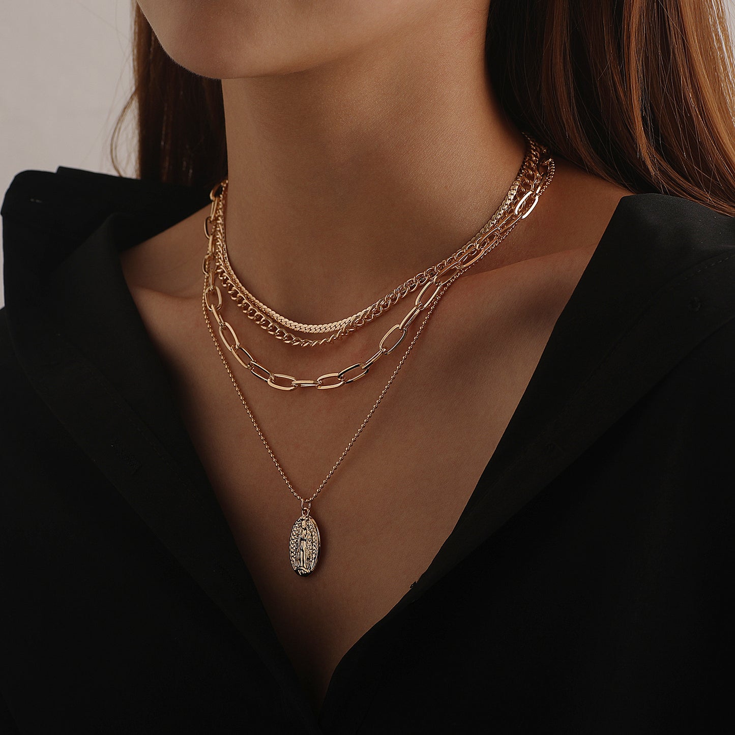 Women's Vintage Geometric Cross Chain Alloy Plated Pendant Necklace, Multi-Layered Statement Jewelry