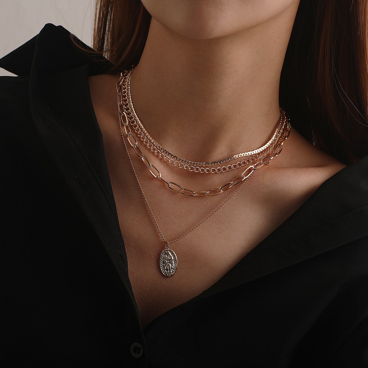 Women's Vintage Geometric Cross Chain Alloy Plated Pendant Necklace, Multi-Layered Statement Jewelry