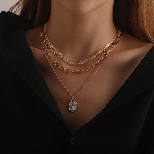 Collar con colgante vintage geométrico de aleación chapada en cruz para mujer, joyería llamativa multicapa
