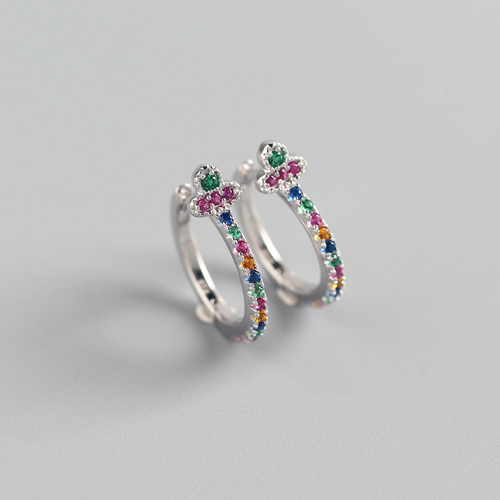Minimalist 925 Sterling Silver Leaf Round Geometric Inlaid Cubic Zirconia Hoop Earrings