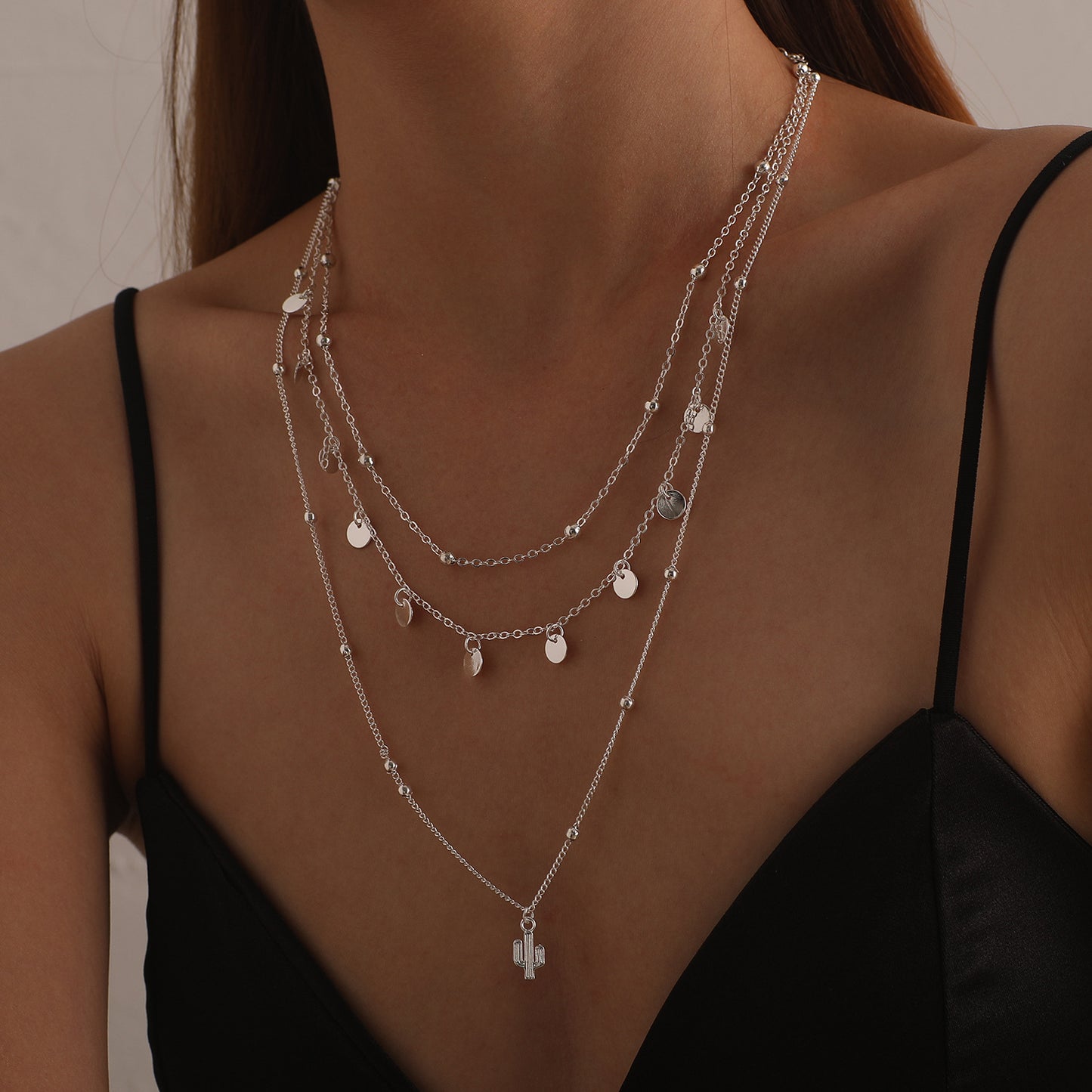 Alloy Cactus Pendant Necklace Women's Minimalist Round Bead Chain Multi-Layer Jewelry