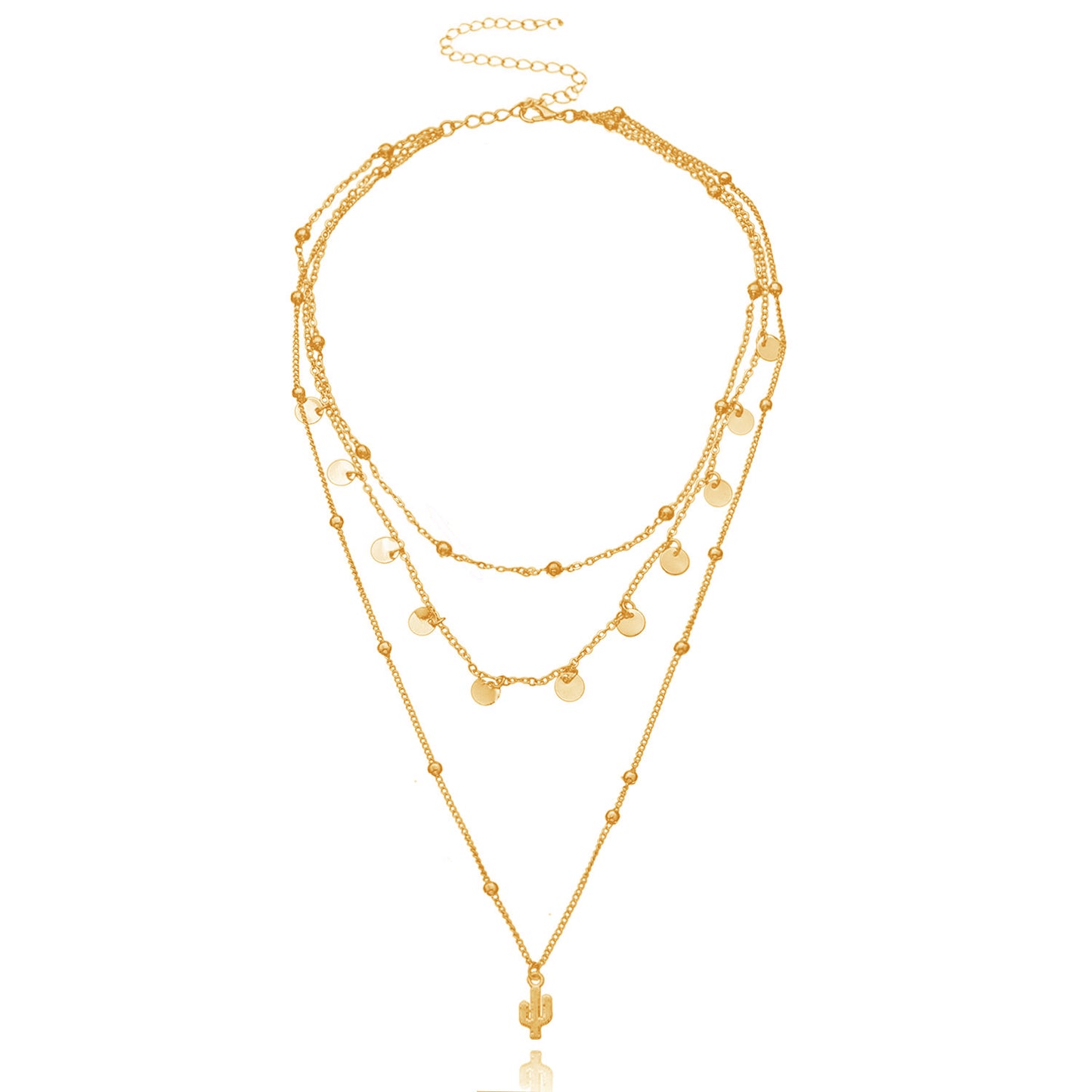 Alloy Cactus Pendant Necklace Women's Minimalist Round Bead Chain Multi-Layer Jewelry