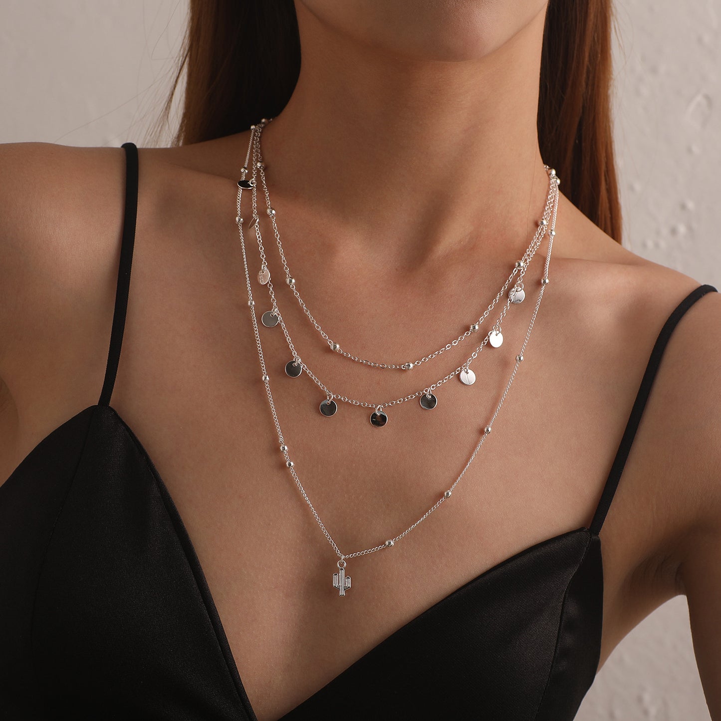 Alloy Cactus Pendant Necklace Women's Minimalist Round Bead Chain Multi-Layer Jewelry