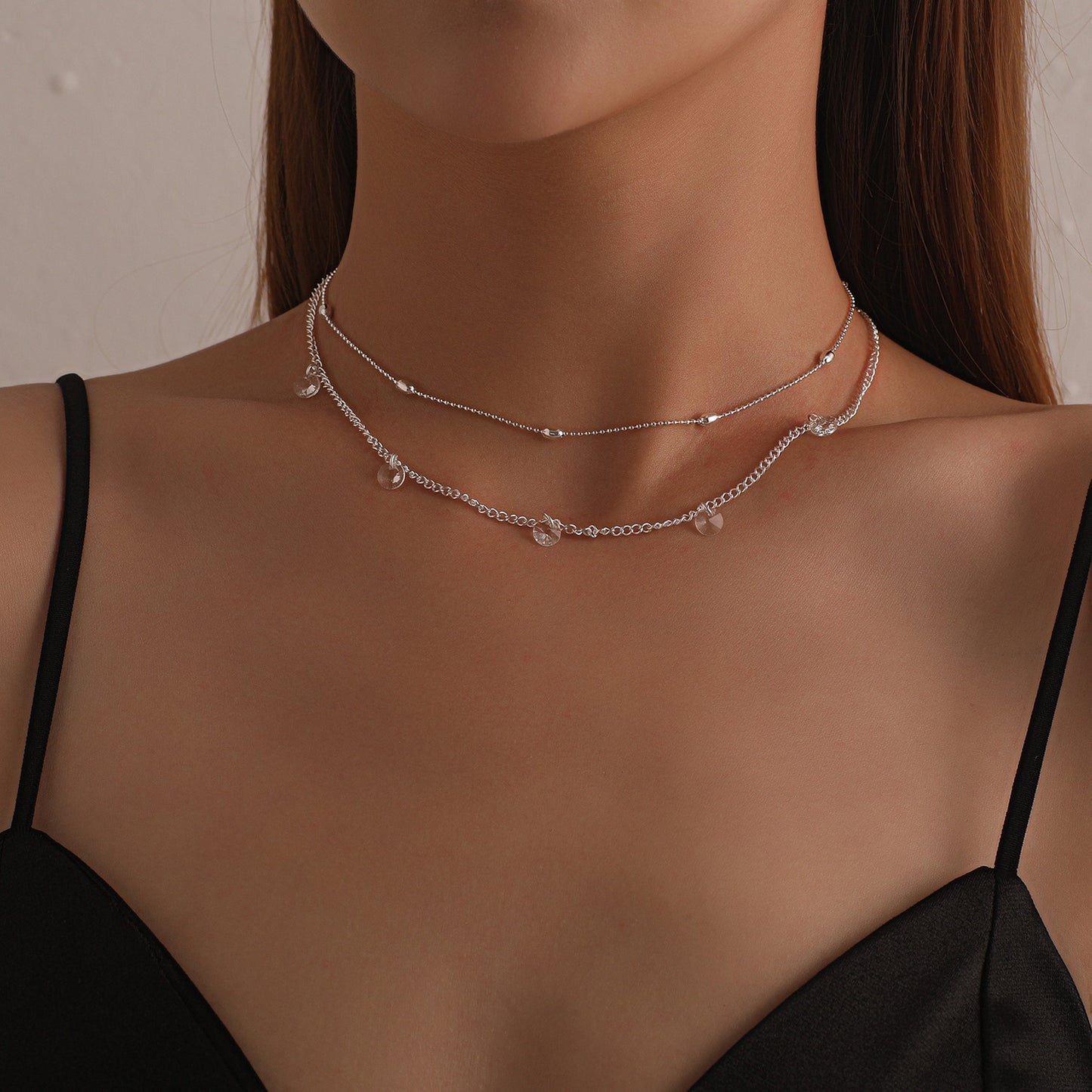 Women's Minimalist Rhinestone Geometric Pendant Necklace, Alloy Plated Round Bead Chain, Fashion Double Layer Jewelry
