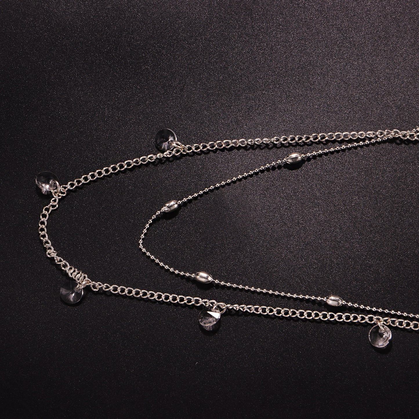 Women's Minimalist Rhinestone Geometric Pendant Necklace, Alloy Plated Round Bead Chain, Fashion Double Layer Jewelry