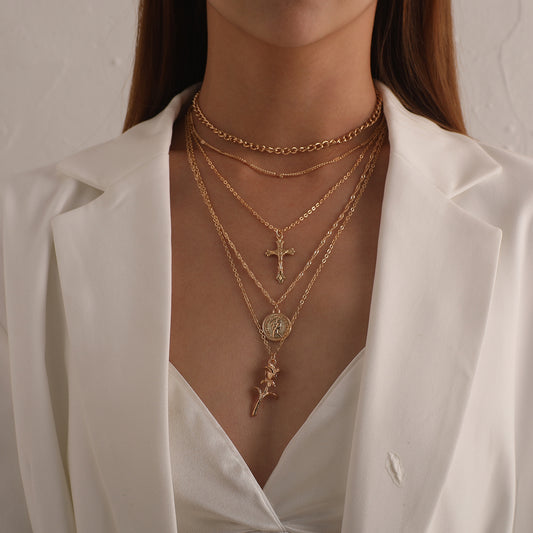 Collana da donna a croce floreale con ciondolo in lega, gioielli multistrato stile vintage per i mercati europei e americani