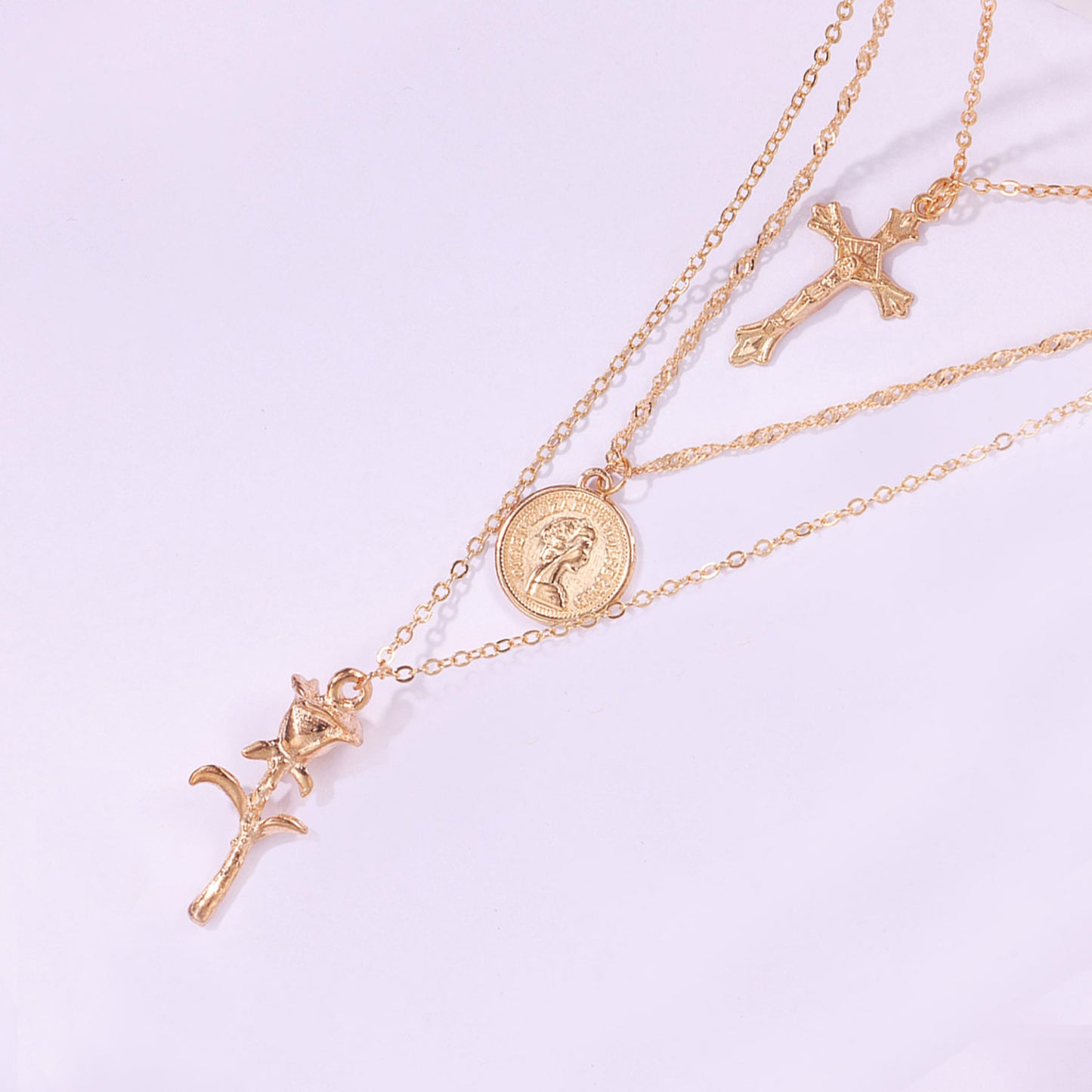 Women's Floral Cross Chain Necklace with Alloy Pendant, Multi-Layered Vintage Style Jewelry for European and American Markets