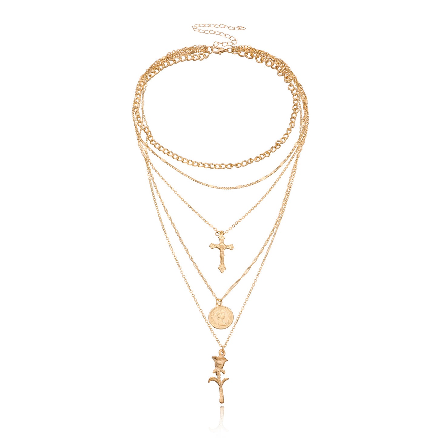 Women's Floral Cross Chain Necklace with Alloy Pendant, Multi-Layered Vintage Style Jewelry for European and American Markets