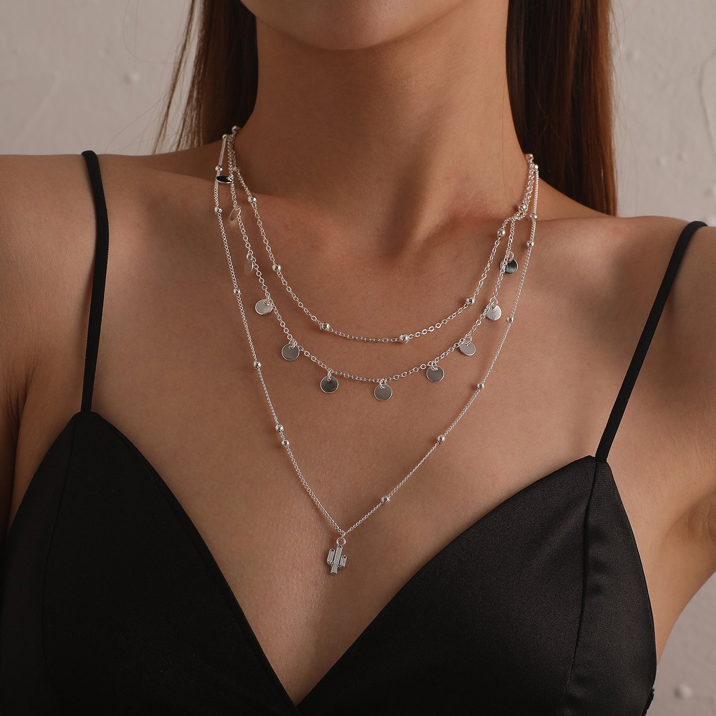 Alloy Cactus Pendant Necklace Women's Minimalist Round Bead Chain Multi-Layer Jewelry