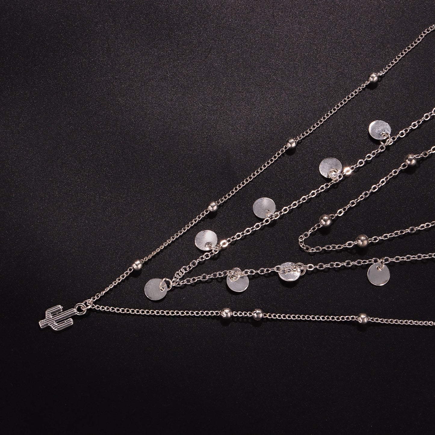 Alloy Cactus Pendant Necklace Women's Minimalist Round Bead Chain Multi-Layer Jewelry