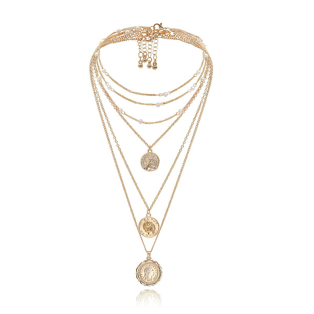 Collana pendente multistrato galvanizzata in lega geometrica vintage con nappina in finta perla da donna