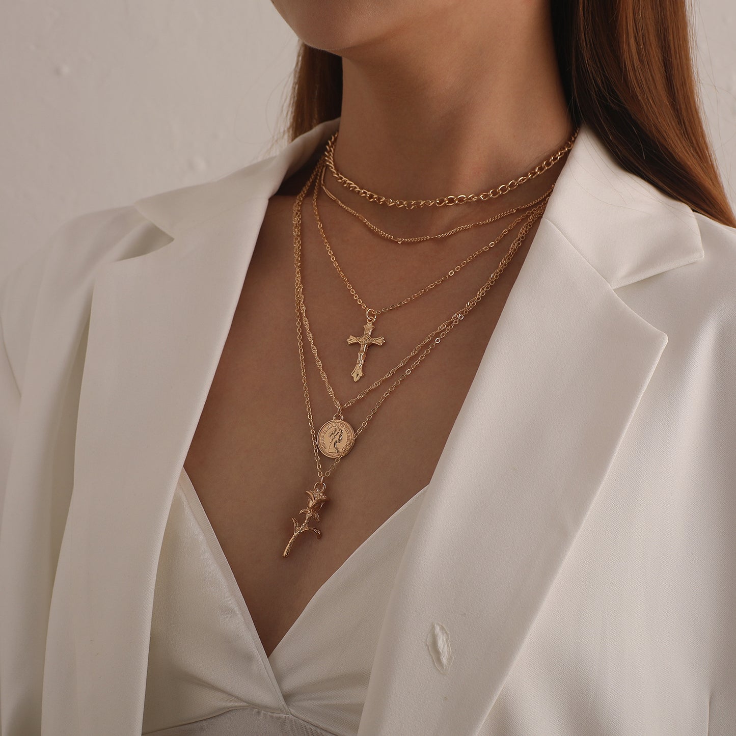 Women's Floral Cross Chain Necklace with Alloy Pendant, Multi-Layered Vintage Style Jewelry for European and American Markets
