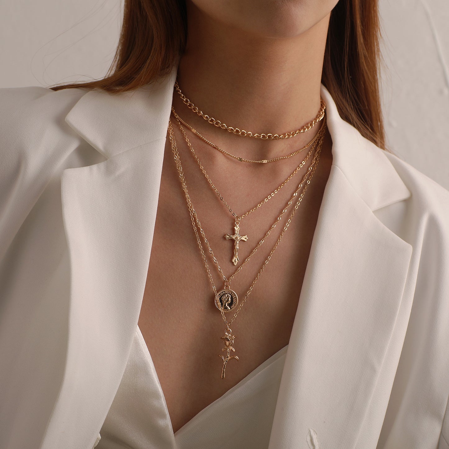 Women's Floral Cross Chain Necklace with Alloy Pendant, Multi-Layered Vintage Style Jewelry for European and American Markets