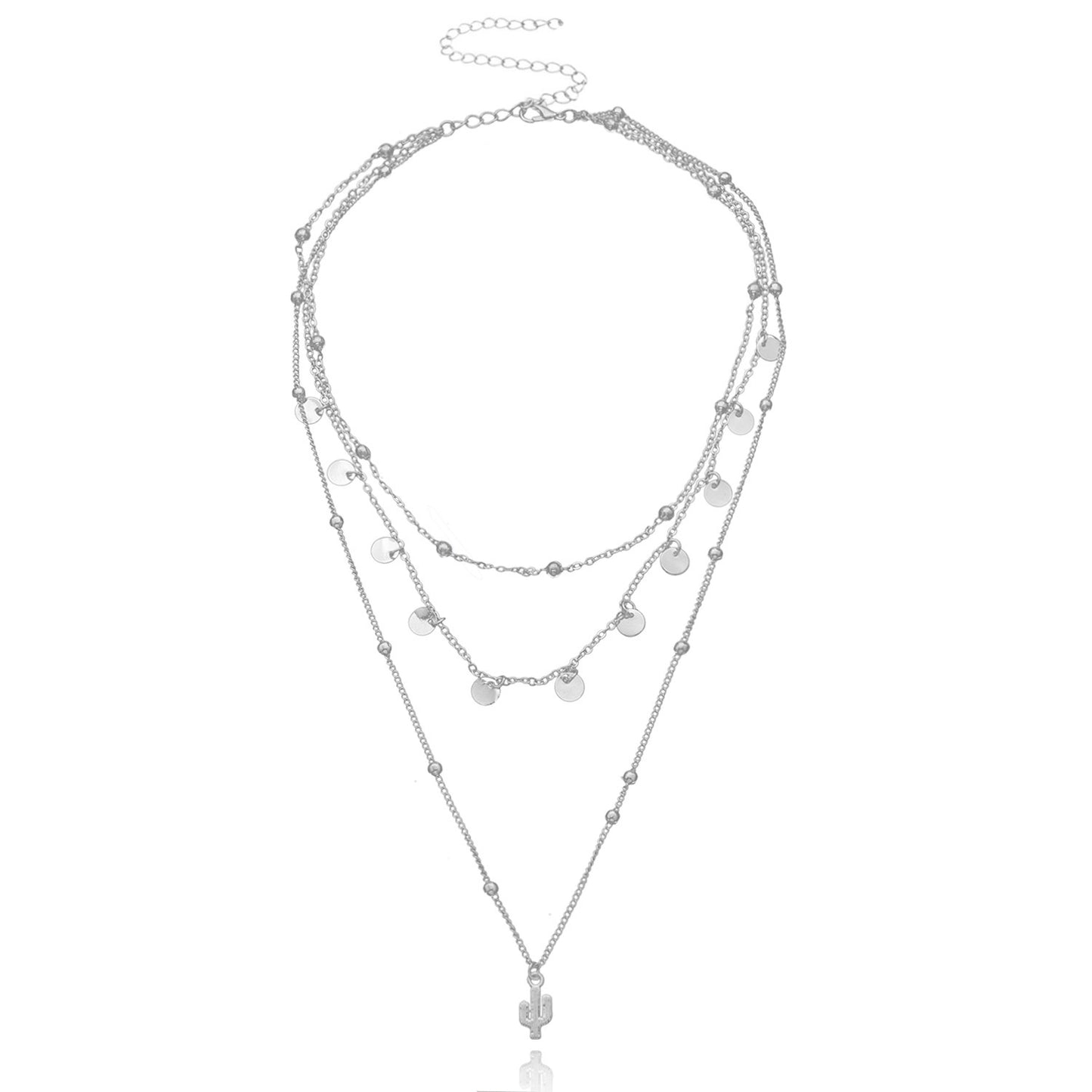Alloy Cactus Pendant Necklace Women's Minimalist Round Bead Chain Multi-Layer Jewelry