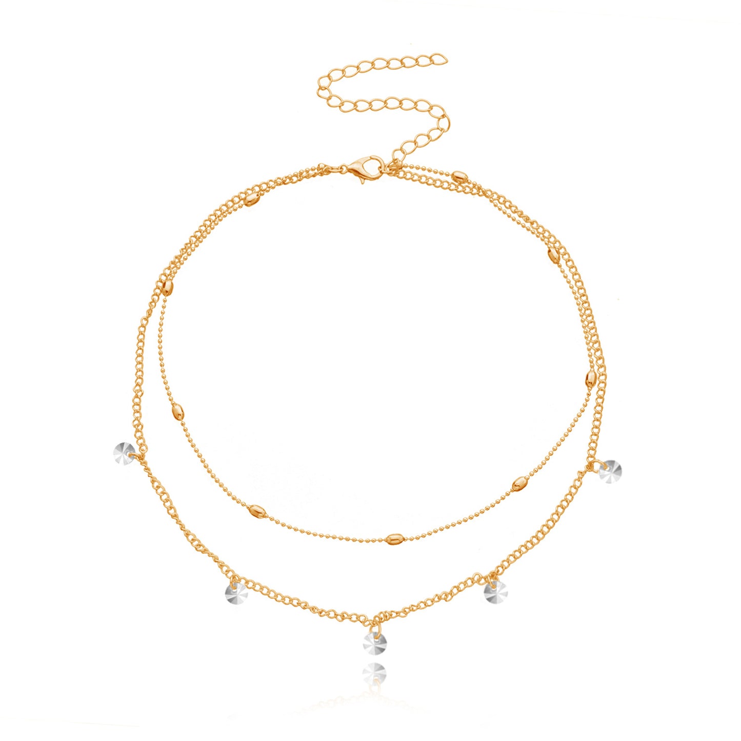 Women's Minimalist Rhinestone Geometric Pendant Necklace, Alloy Plated Round Bead Chain, Fashion Double Layer Jewelry