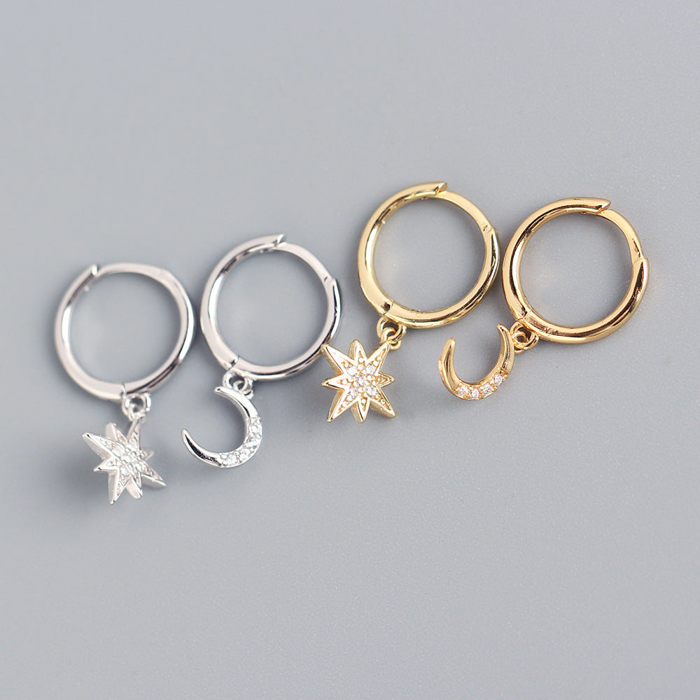 Minimalist 925 Sterling Silver Star Moon Asymmetric Rhinestone Hoop Earrings for Women
