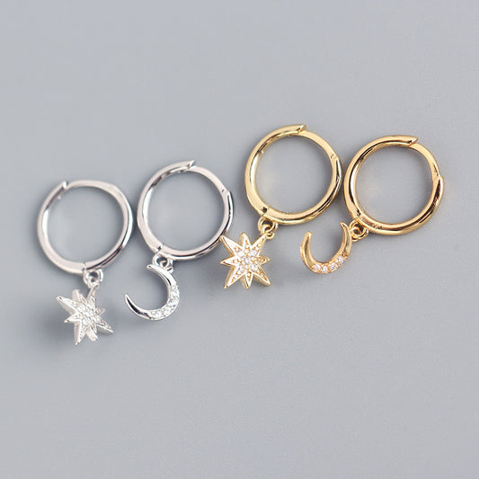 Pendientes de aro asimétricos minimalistas de plata de ley 925 con estrella, luna y diamantes de imitación para mujer