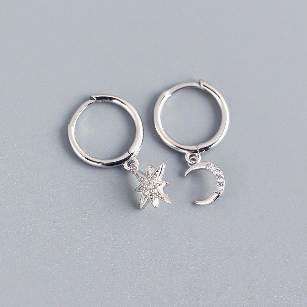 Minimalist 925 Sterling Silver Star Moon Asymmetric Rhinestone Hoop Earrings for Women