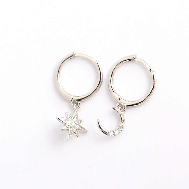 Minimalist 925 Sterling Silver Star Moon Asymmetric Rhinestone Hoop Earrings for Women