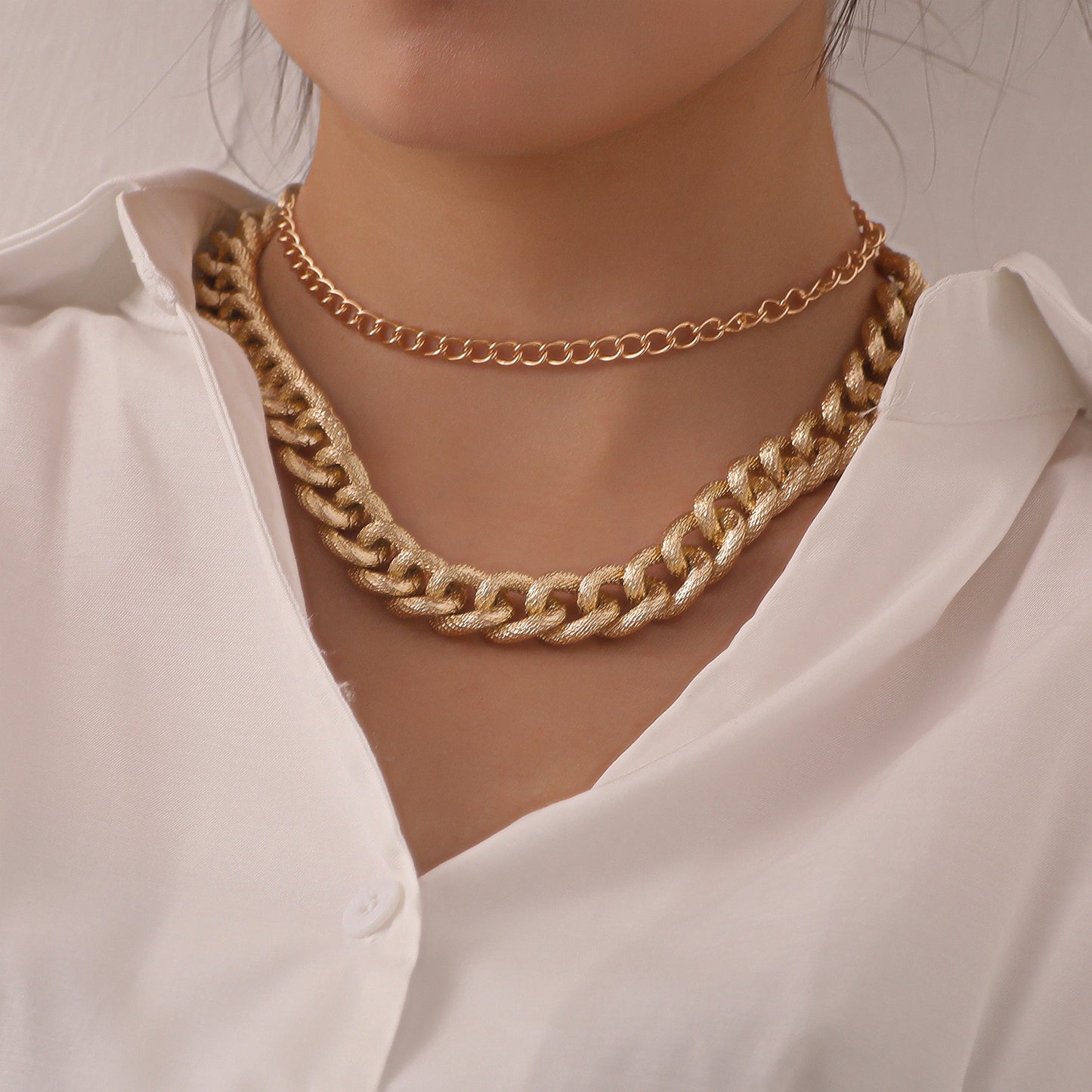 Punk Geometric Alloy Cable Chain Necklace for Women, Double Layered Statement Jewelry, Fashion Bold Accessory