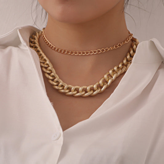 Collar de cadena de aleación con diseño geométrico punk para mujer, doble capa, joyería llamativa, accesorio de moda atrevido