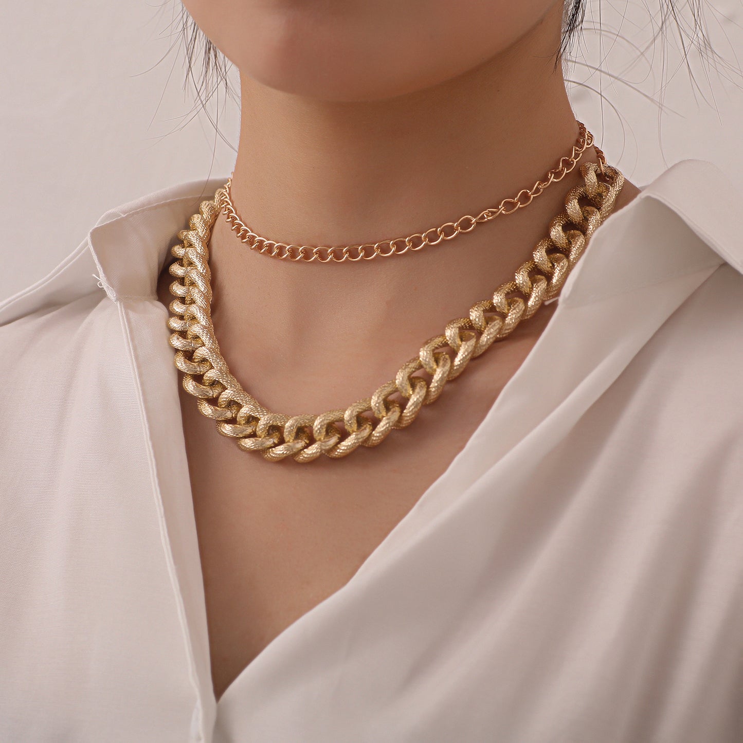 Punk Geometric Alloy Cable Chain Necklace for Women, Double Layered Statement Jewelry, Fashion Bold Accessory