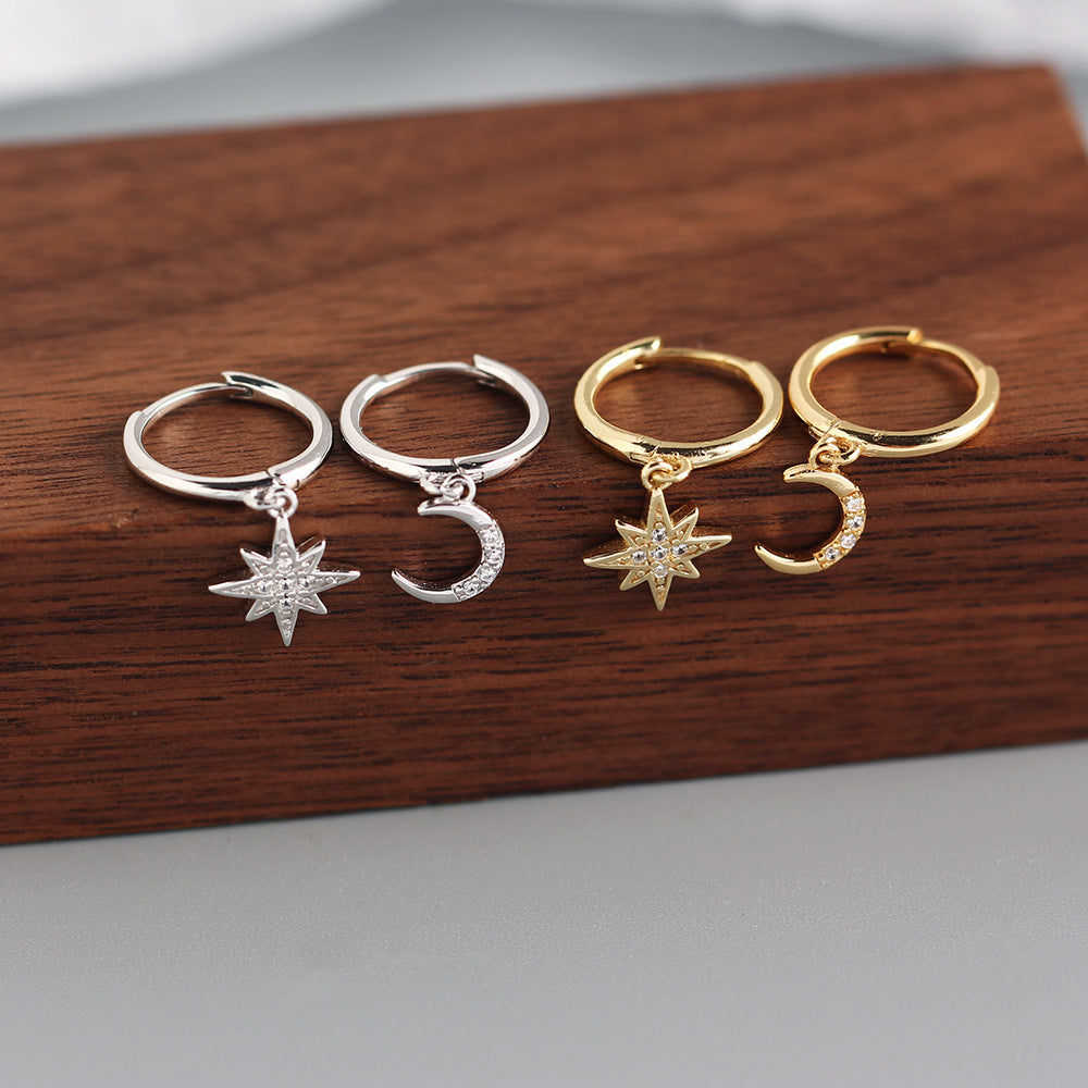 Minimalist 925 Sterling Silver Star Moon Asymmetric Rhinestone Hoop Earrings for Women