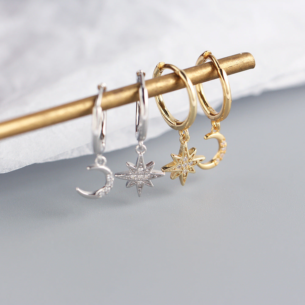 Minimalist 925 Sterling Silver Star Moon Asymmetric Rhinestone Hoop Earrings for Women