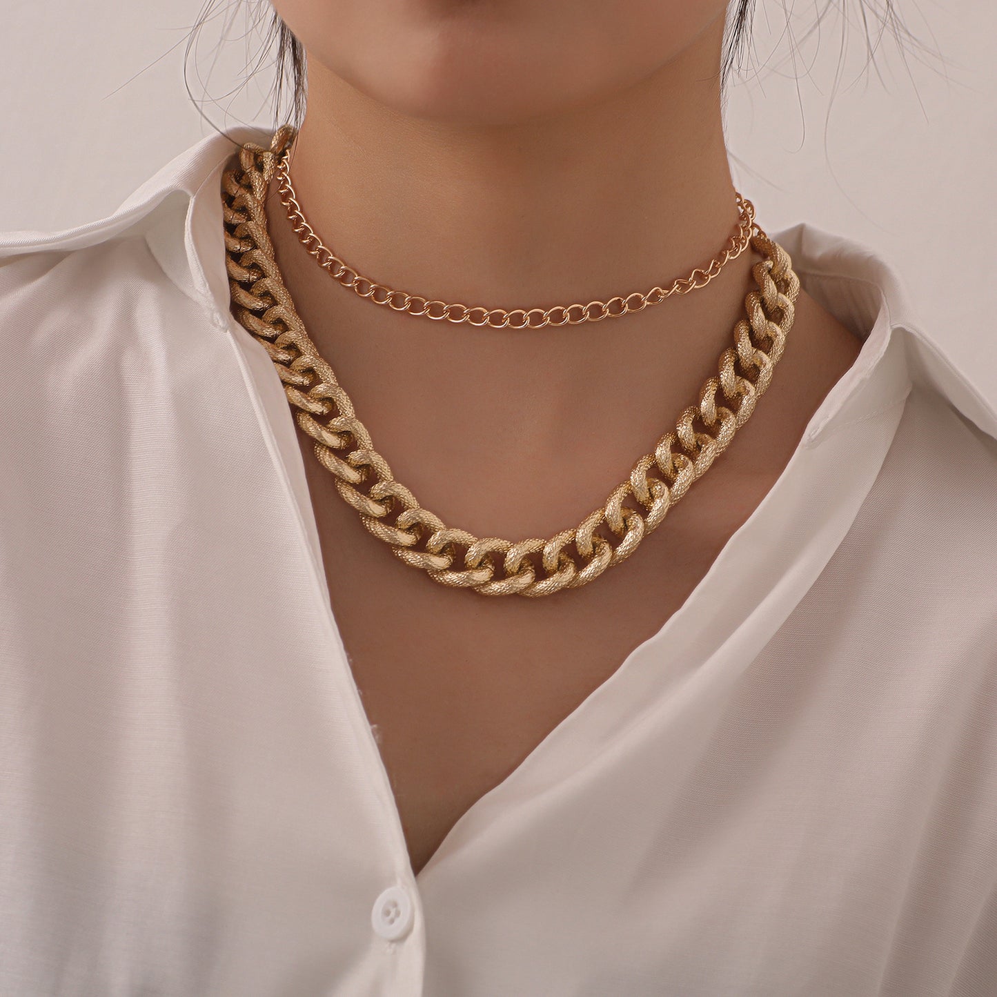 Punk Geometric Alloy Cable Chain Necklace for Women, Double Layered Statement Jewelry, Fashion Bold Accessory