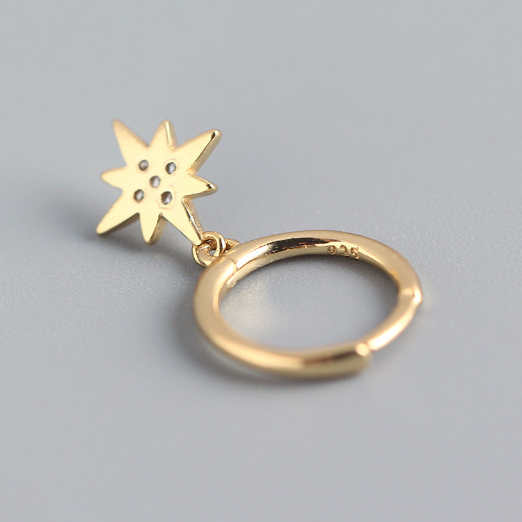 Minimalist 925 Sterling Silver Star Moon Asymmetric Rhinestone Hoop Earrings for Women