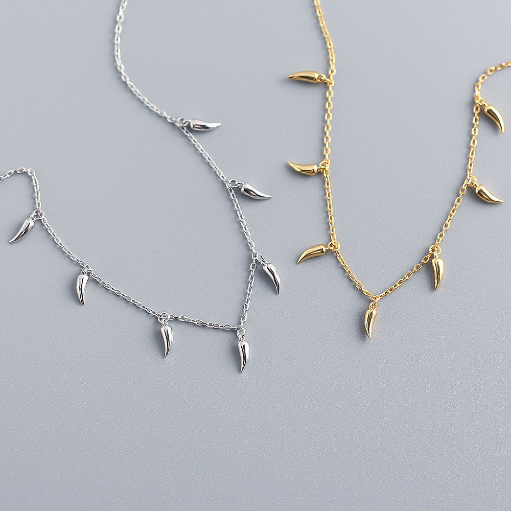 925 Sterling Silver Geometric Wolf Tooth Pendant Necklace Plated Curb Chain Minimalist Clavicle Chain for Women
