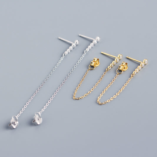 Pendientes colgantes de borla con incrustaciones de diamantes de imitación redondos geométricos de plata de ley 925 elegantes para mujer