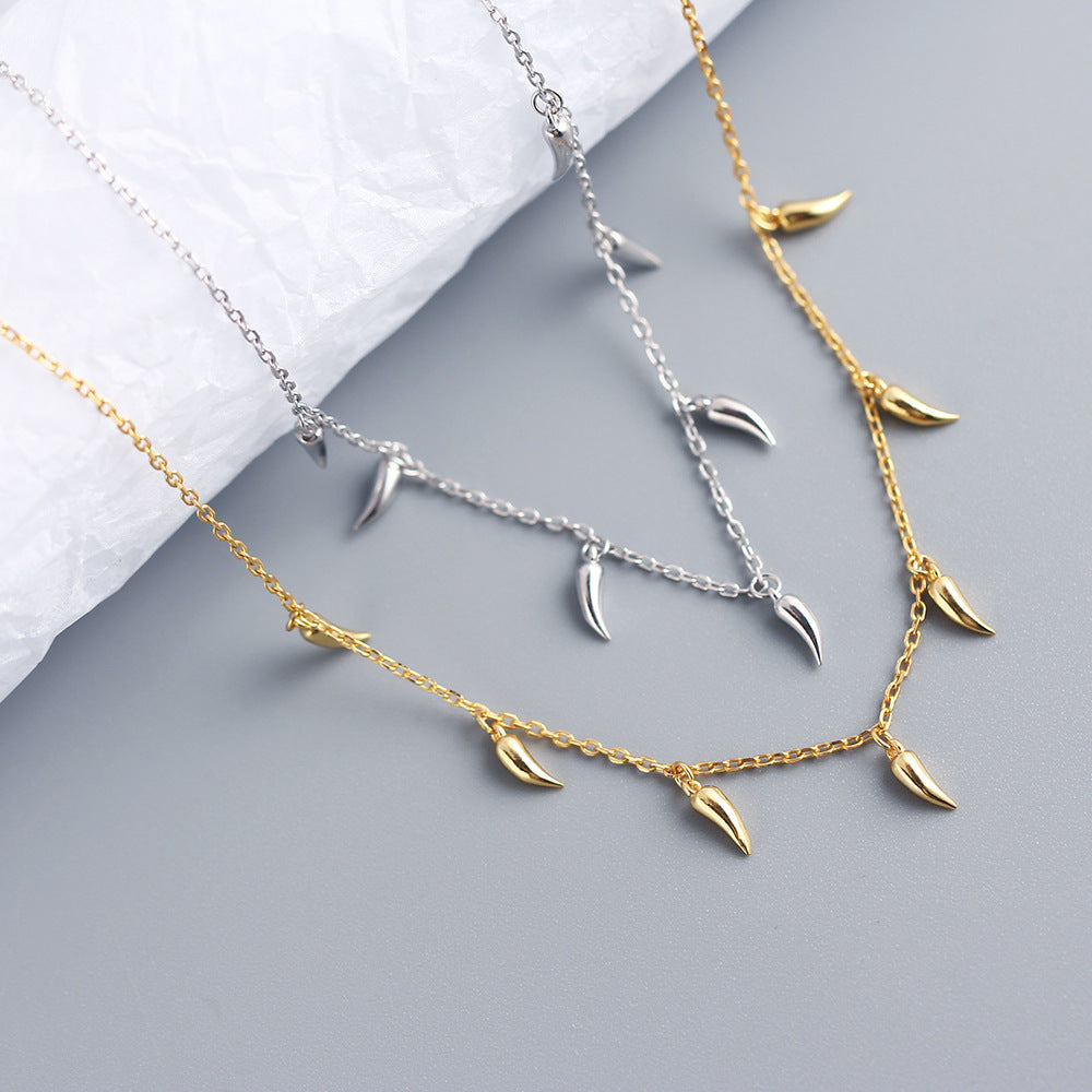 925 Sterling Silver Geometric Wolf Tooth Pendant Necklace Plated Curb Chain Minimalist Clavicle Chain for Women
