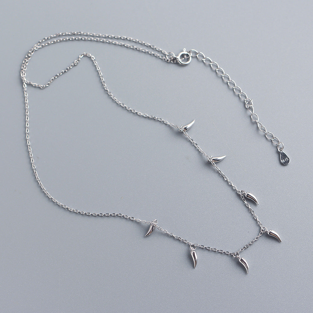 925 Sterling Silver Geometric Wolf Tooth Pendant Necklace Plated Curb Chain Minimalist Clavicle Chain for Women