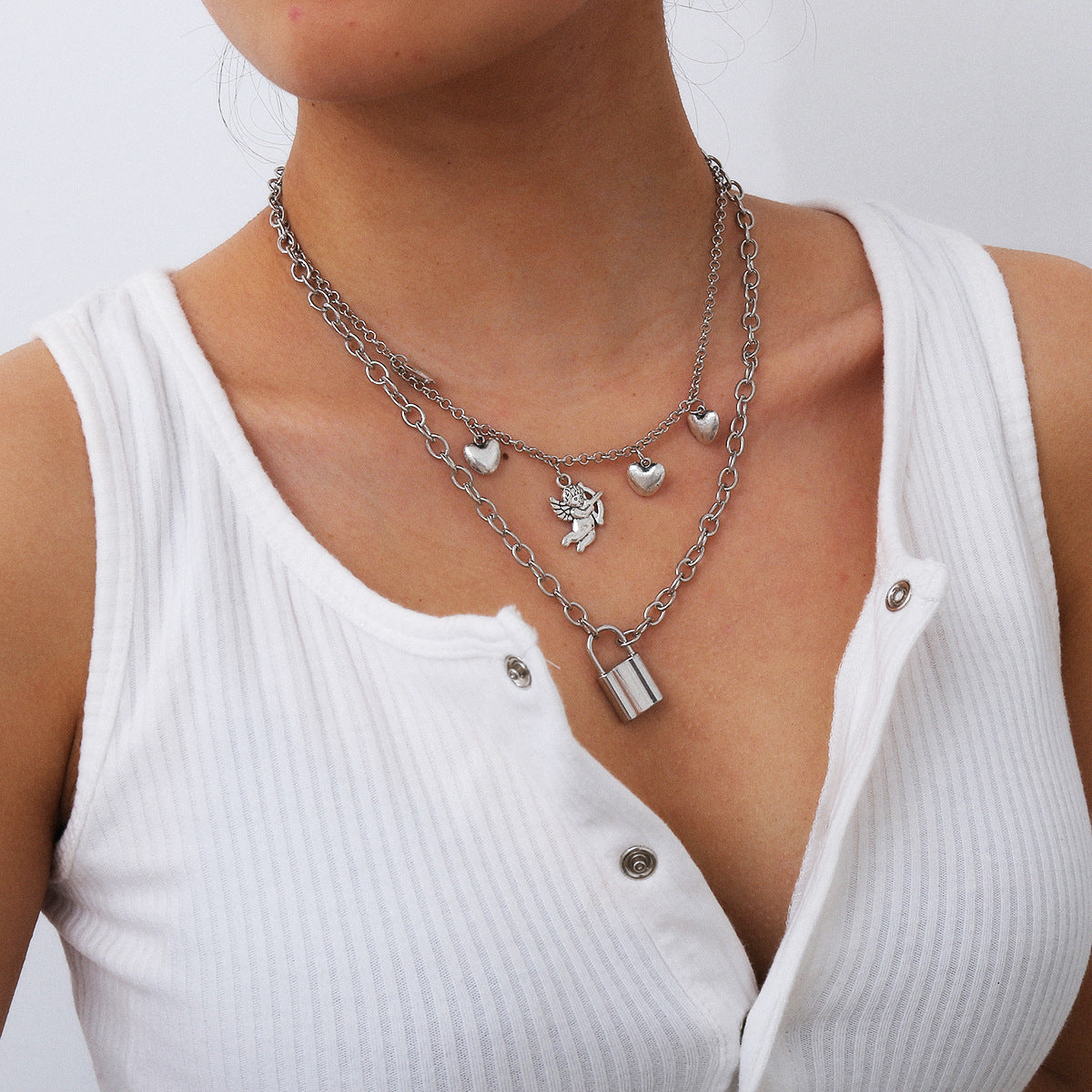 Plated Alloy Lock and Heart Pendant Necklace with Curb Chain for Women