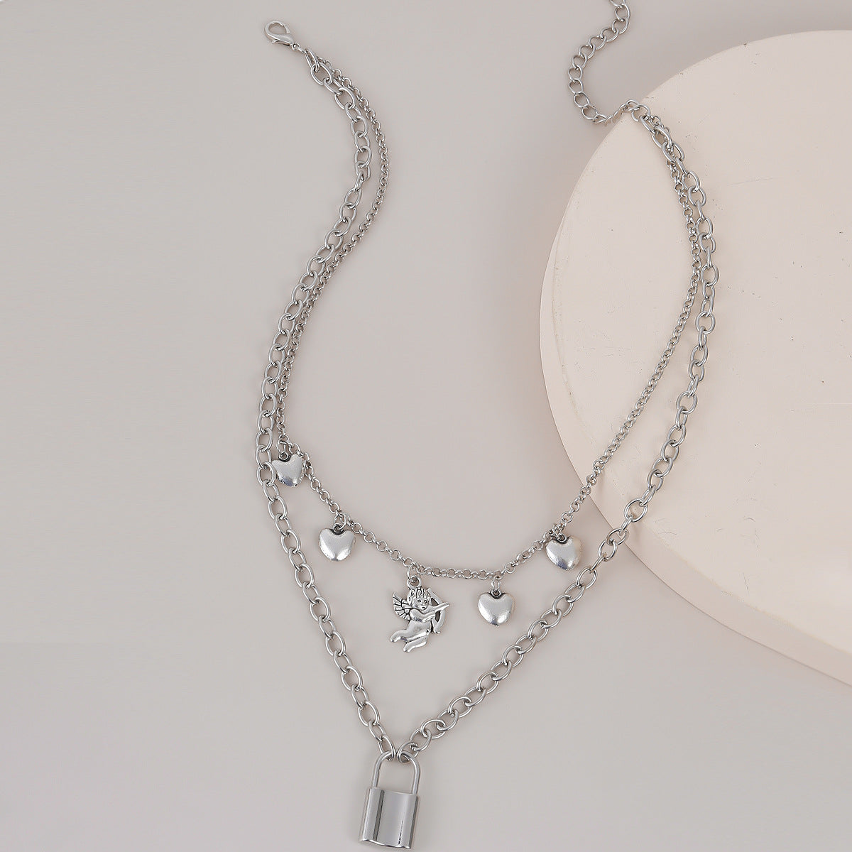 Plated Alloy Lock and Heart Pendant Necklace with Curb Chain for Women