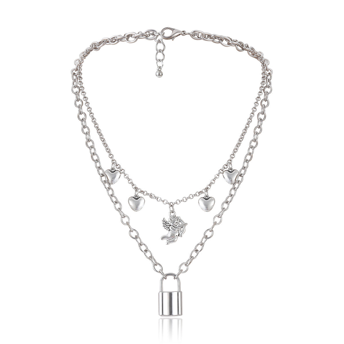 Plated Alloy Lock and Heart Pendant Necklace with Curb Chain for Women