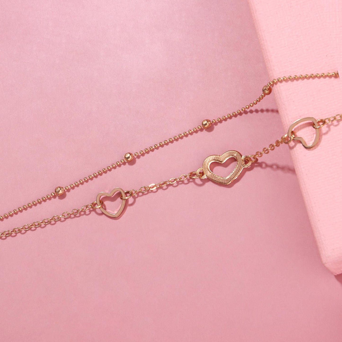 European Style Alloy Heart Shape Women's Double Layer Copper Bead Anklet Fashion Beach Foot Jewelry for Wedding Travel Gift