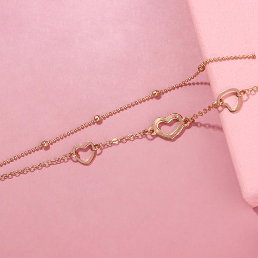 European Style Alloy Heart Shape Women's Double Layer Copper Bead Anklet Fashion Beach Foot Jewelry for Wedding Travel Gift
