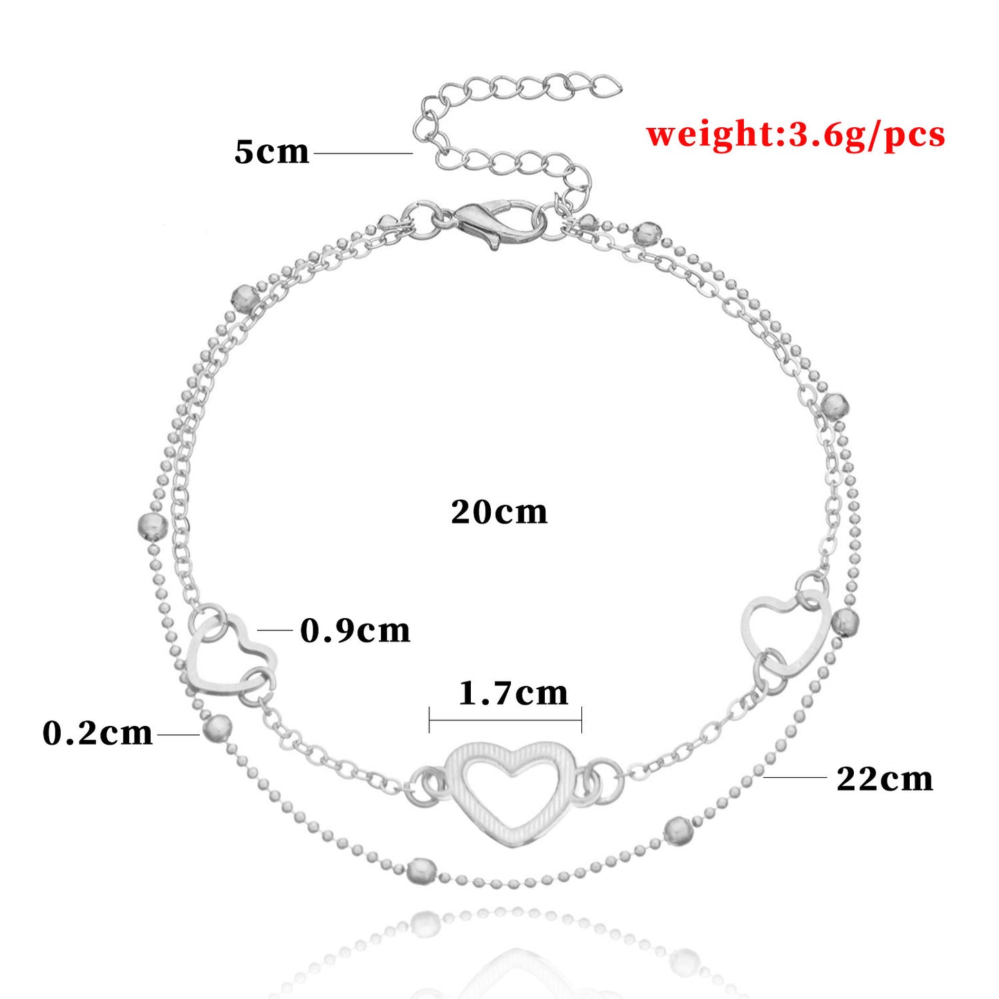 European Style Alloy Heart Shape Women's Double Layer Copper Bead Anklet Fashion Beach Foot Jewelry for Wedding Travel Gift