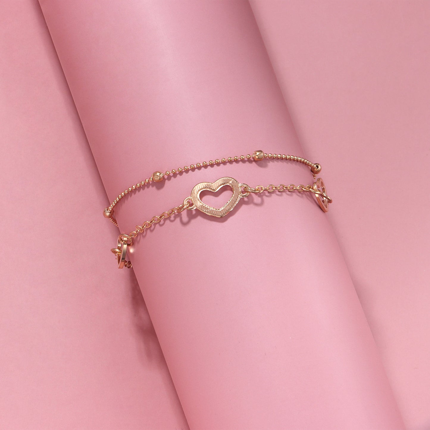 European Style Alloy Heart Shape Women's Double Layer Copper Bead Anklet Fashion Beach Foot Jewelry for Wedding Travel Gift