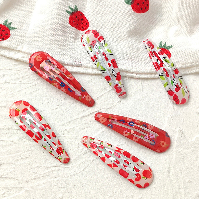 Pink Cherry Hair Clip Set for Girls with Floral Trim in Metal BB Clip Style