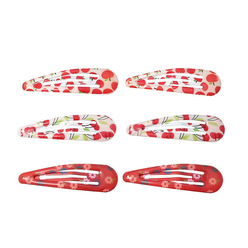 Pink Cherry Hair Clip Set for Girls with Floral Trim in Metal BB Clip Style