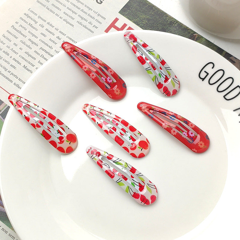 Pink Cherry Hair Clip Set for Girls with Floral Trim in Metal BB Clip Style